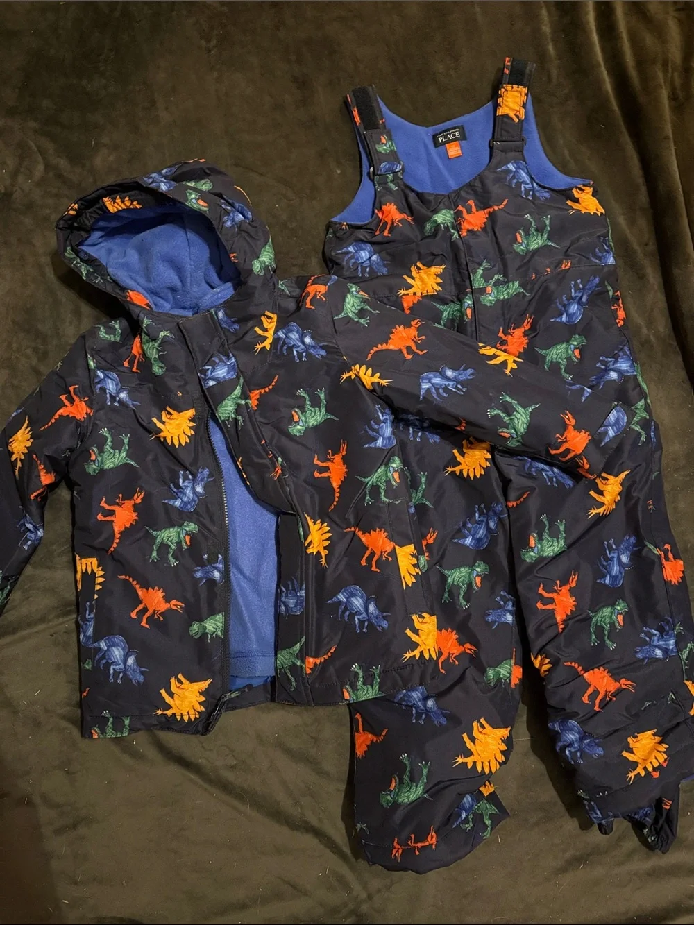 Children’s Place Boys’ Dinosaur Ski Set and trapper hat - Orange/Green/Blue